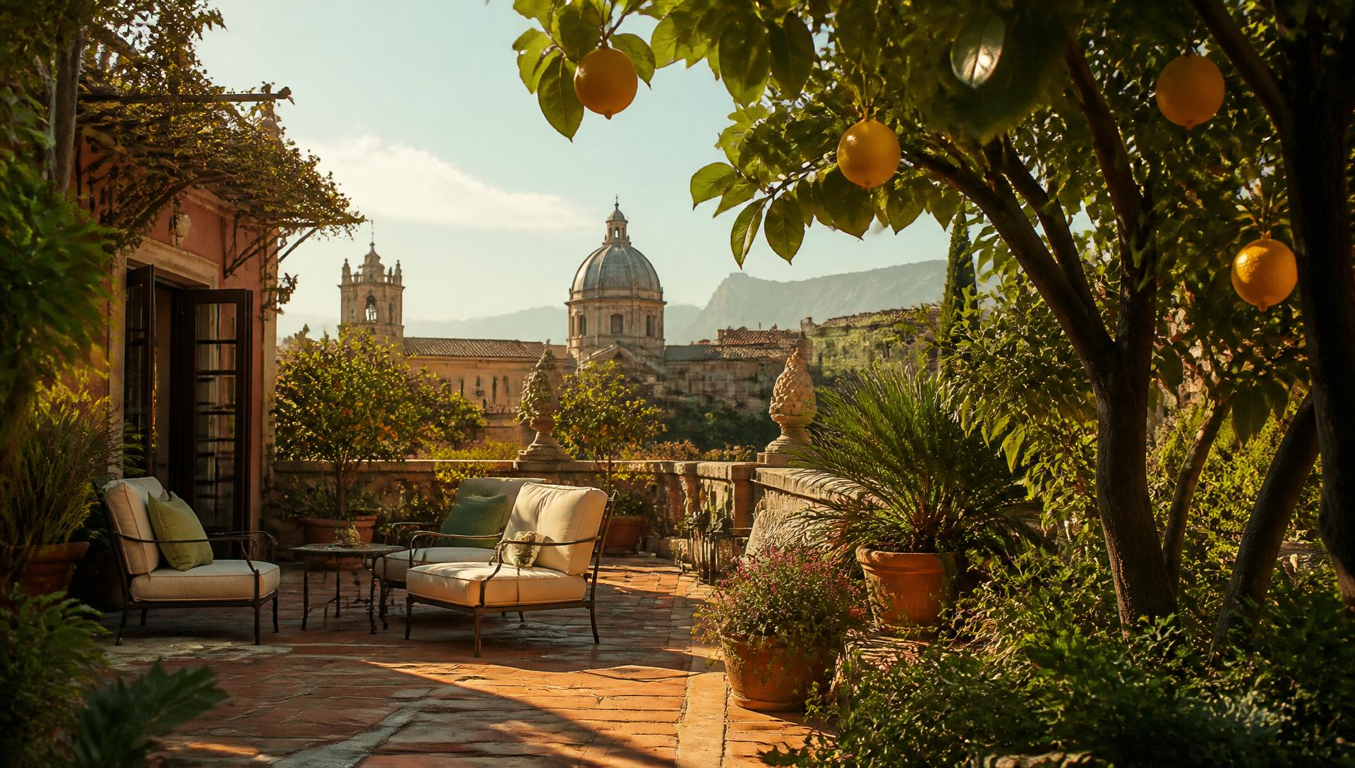 Terrazza del resort Da Nina e Michele con alberi di limone e vista su Palermo